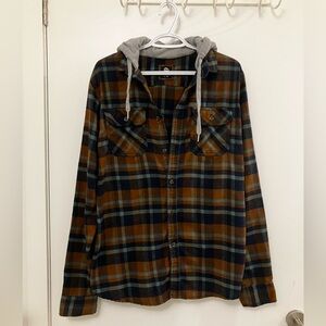 Men’s Hooded Plaid Button Up Size L